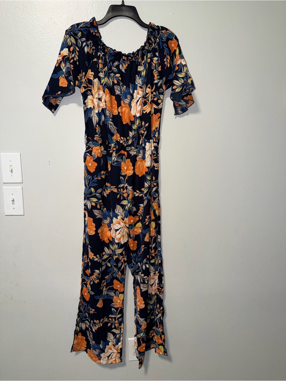 SHEIN Navy Floral Off-Shoulder Jumpsuit with Orange Blooms - Picture 1 of 8